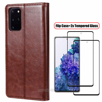 For Samsung Galaxy S20 FE /FE 5G Case, Shockproof Leather Cover + Tempered Glass