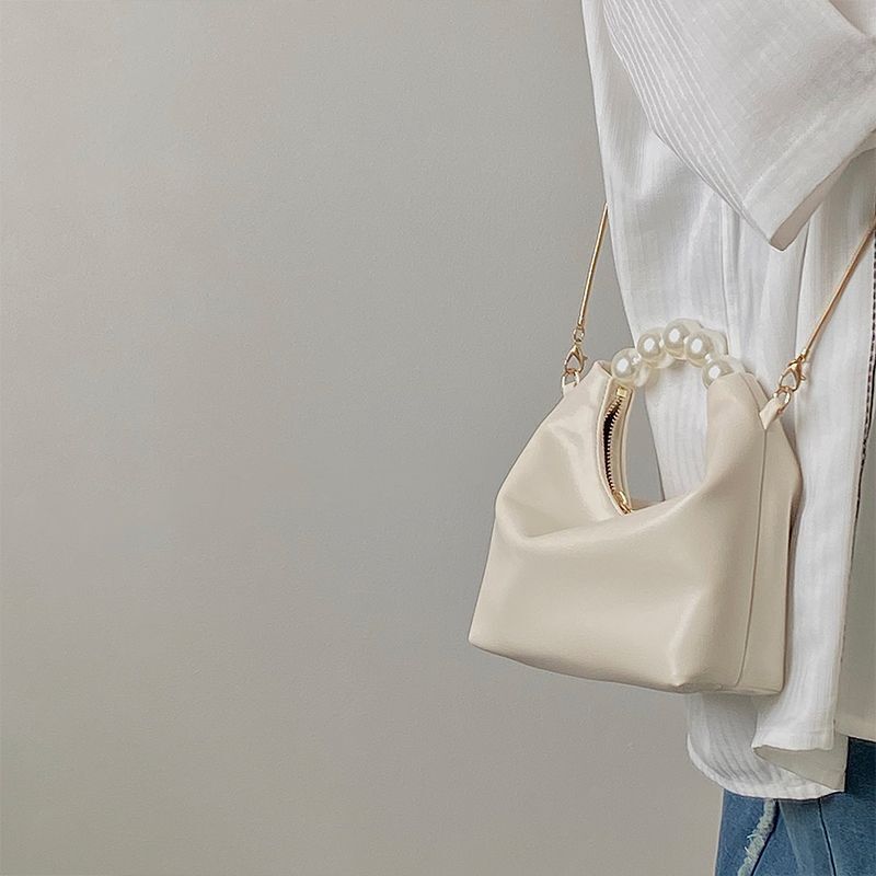 Handbags Shoulder Bag Soft Synthetic Leather Pearls Crossbody Bags 19*11cm White