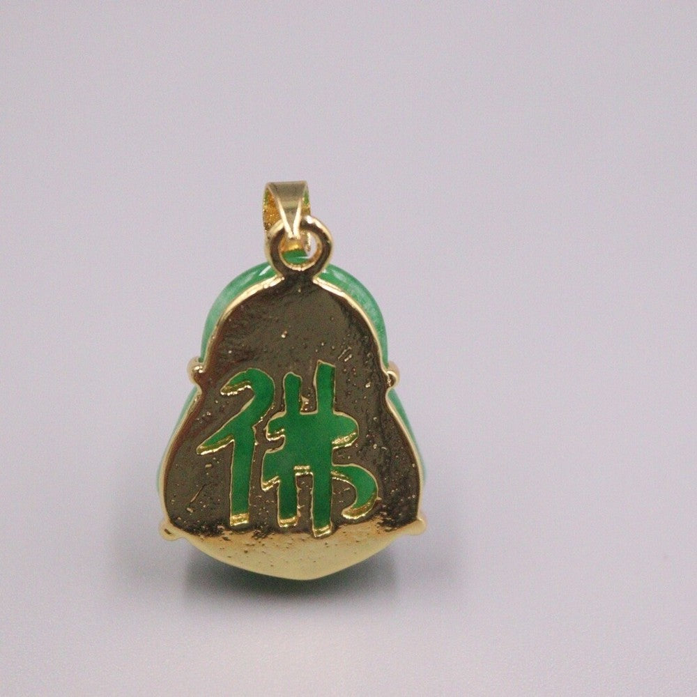 New 18K Yellow with Green Jade Buddha Pendant 1.10Inch H 佛
