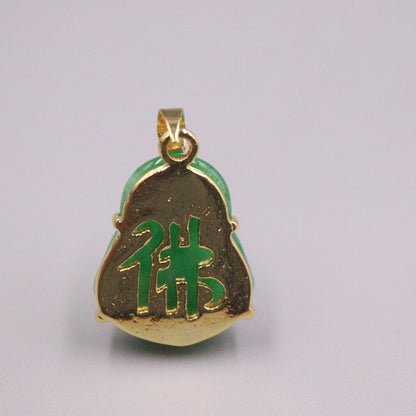New 18K Yellow with Green Jade Buddha Pendant 1.10Inch H 佛