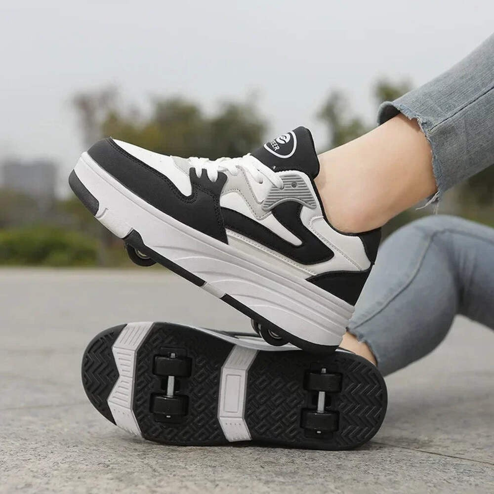 Kids Four-Wheel Roller Shoes PU Leather Sneakers
