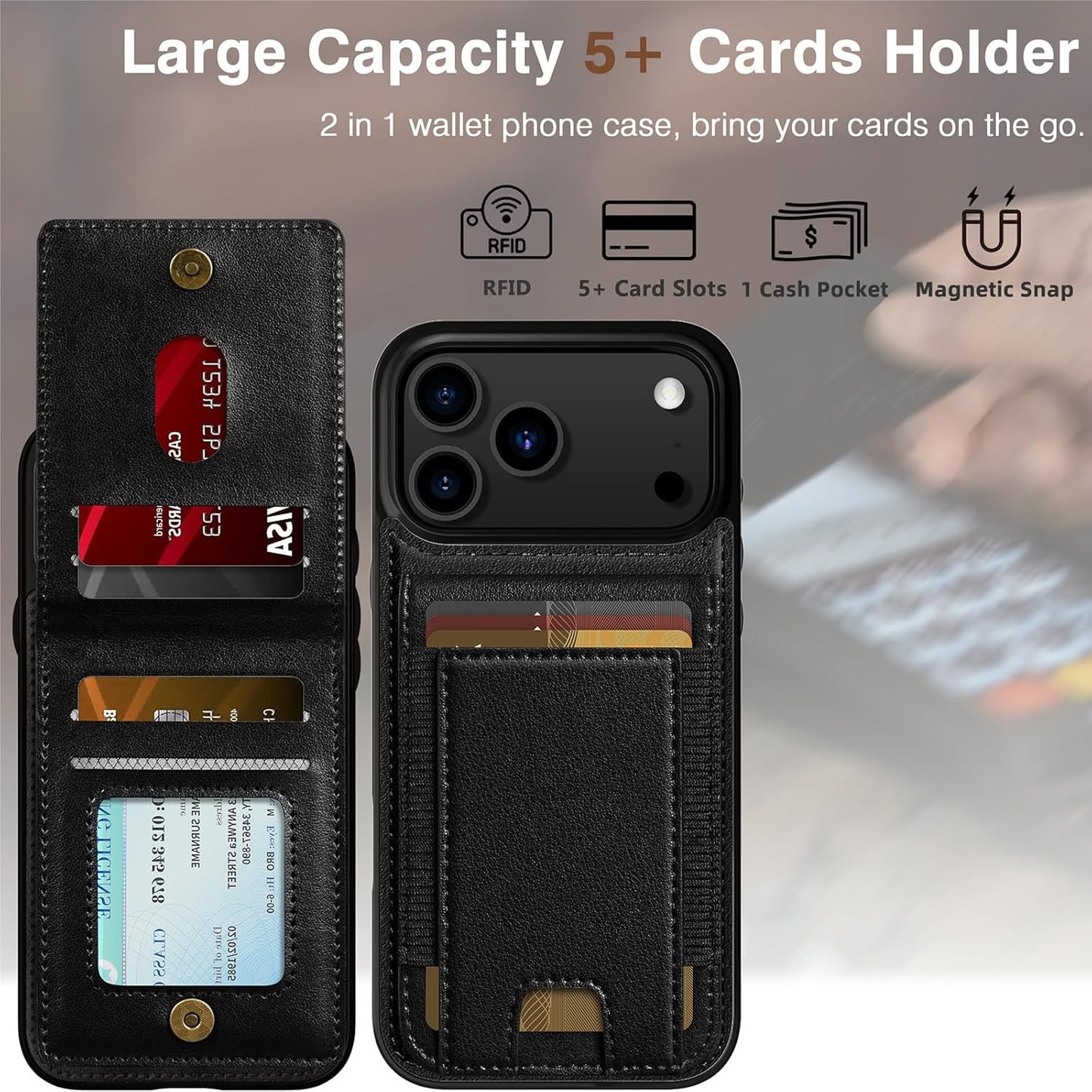 for Iphone 17 Pro Max Wallet Case with Card Holder, Men Women PU Leather RFID Bl