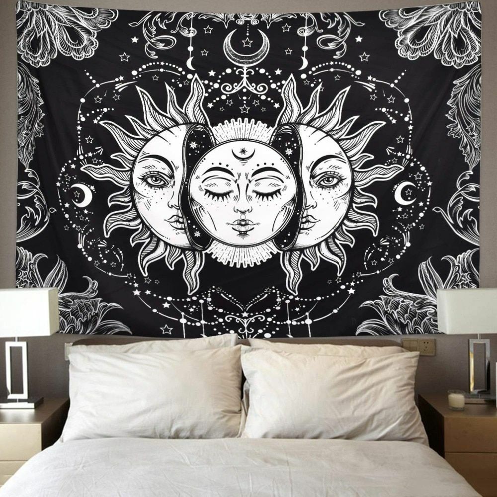 Psychedelic Tapestry White Black Sun Moon Mandala Wall Hanging Celestial Hippie