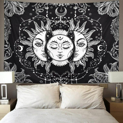 Psychedelic Tapestry White Black Sun Moon Mandala Wall Hanging Celestial Hippie