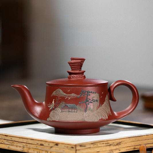China Yixing Zisha Pottery Clovershrub Clay Handmade 230cc Scenery Teapot 山水一帆风顺