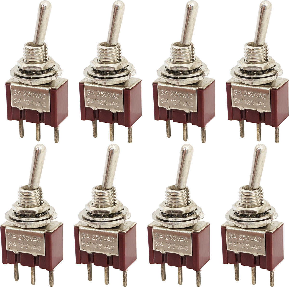 8 Pack Miniature SPDT Toggle Switch On-Off-On with 3 Pin PC Leads, 6A @ 125V AC