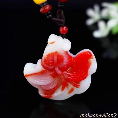 New Natural Jade Red White Hand Carved Goldfish Pendant Jewelry Necklaces