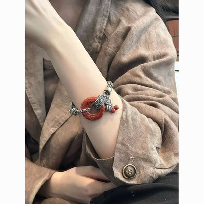 Vintage Chinese Jade Bracelet Retro Silver Tassel Beaded Bracelet for Women