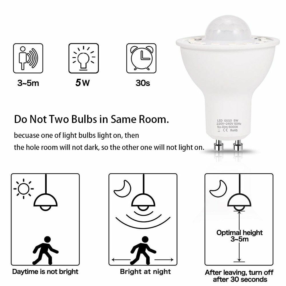PIR Motion Sensor LED Light Bulbs GU10 5W 50W Equivalent 500lm Day White 6000K