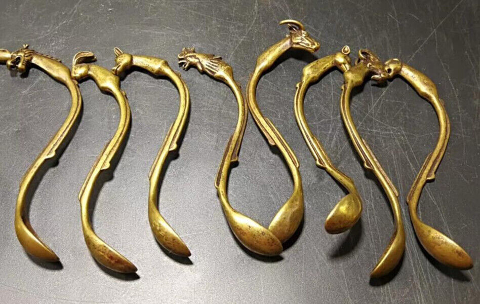 12pc Chinese Old Brass HandCarved twelve chinese zodiac signs spoon statue