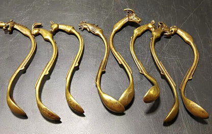 12pc Chinese Old Brass HandCarved twelve chinese zodiac signs spoon statue