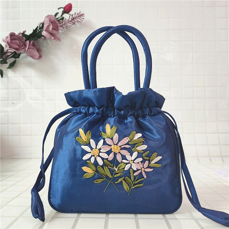 Women Ethnic Embroidered Floral Satin Handbag Girls Drawstring Tote Hanfu Bag
