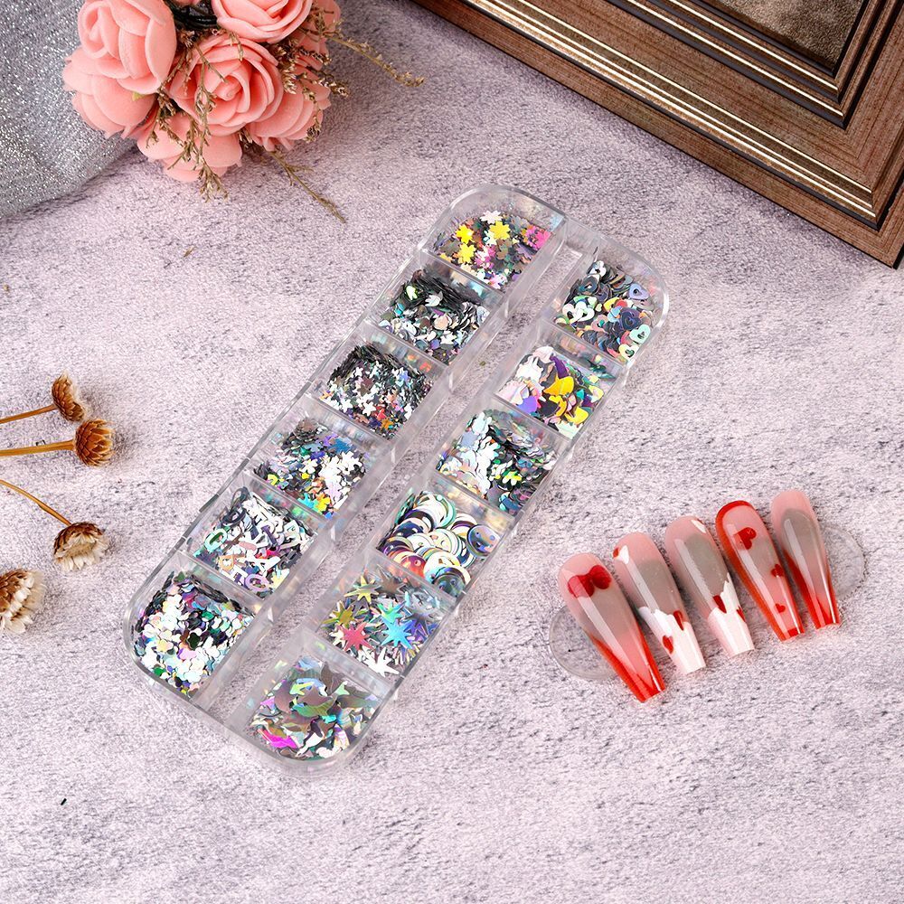 Nail Glitter Polish 12 Grids Colorful Mirror Effect Shimmer Pearl Powder Pigment