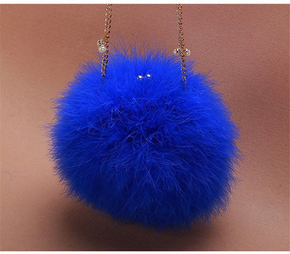 New Designer Fluffy Genuine Feather Clutch Fur Bag Round Chain Purse Multi-color