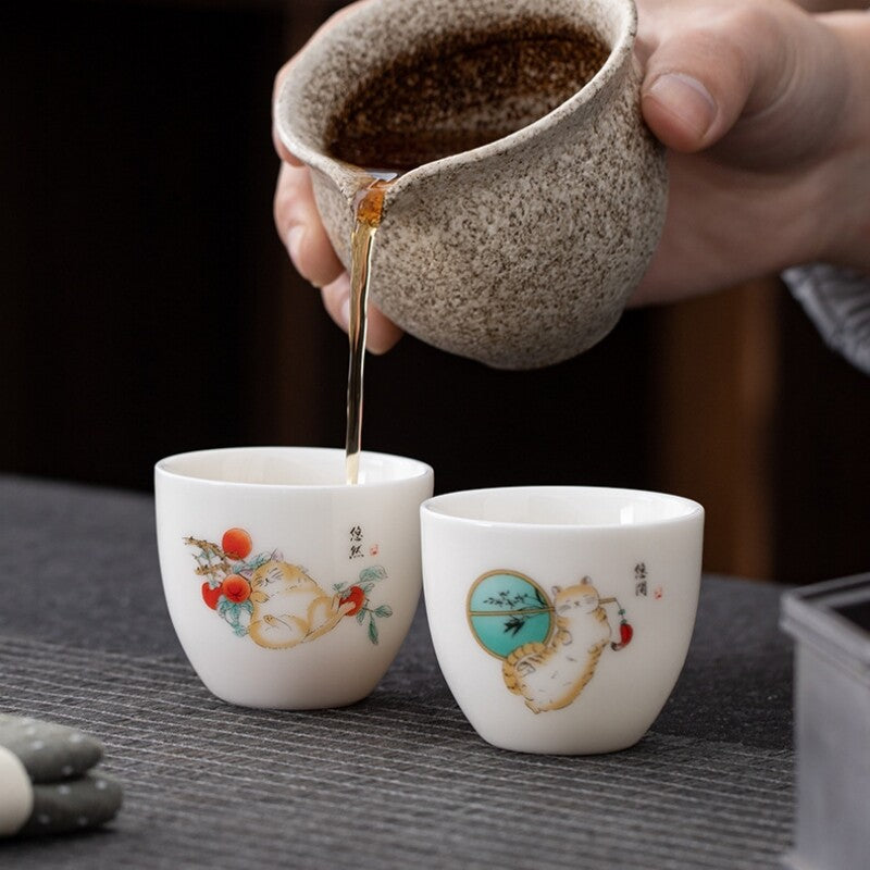 One Cup Fat Mutton Jade Porcelain Tea Cup Love Cat Print Kungfu Tea Cup 70ml New