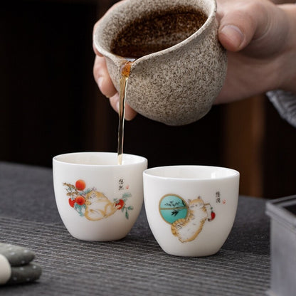 One Cup Fat Mutton Jade Porcelain Tea Cup Love Cat Print Kungfu Tea Cup 70ml New