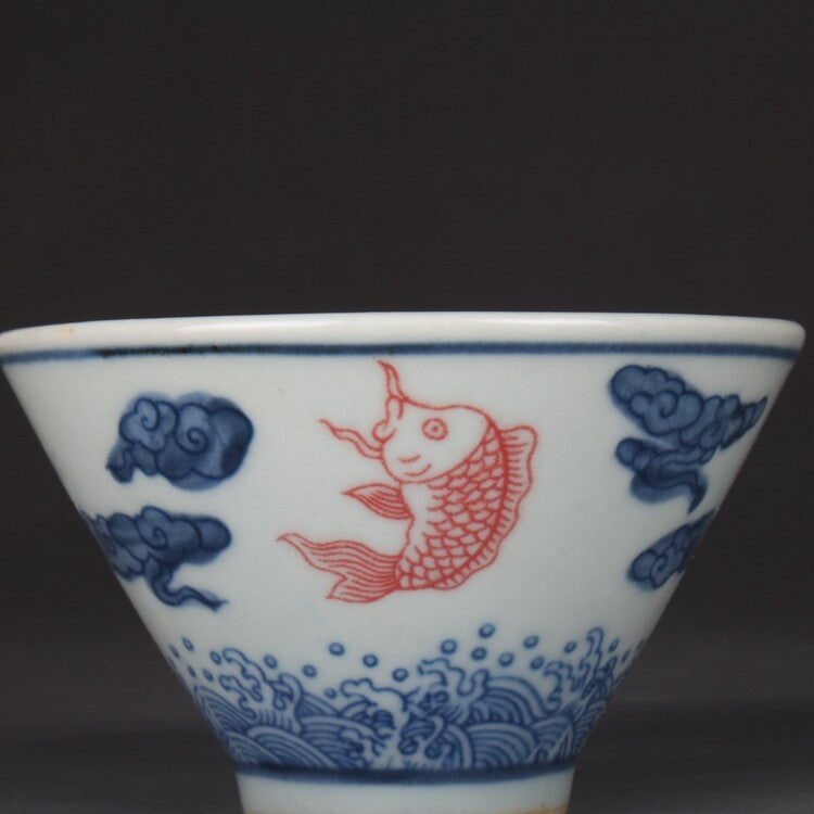 3.1" Chinese Qing Blue White Porcelain Folk Kiln Red Glaze Fish Douli Cup Decor