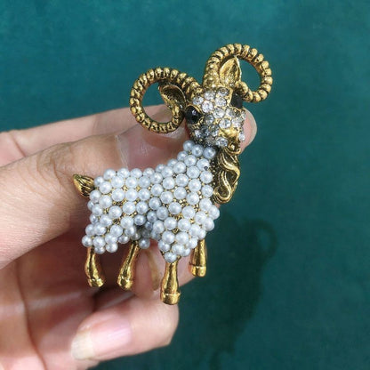 Pearl Goat Brooch Metal Sheep Pin Sweater Cardigan Accessory Gift
