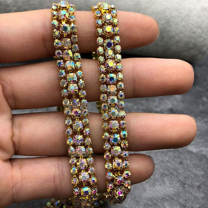 Dress Decoration Trims 3Rows Crystal Rhinestone Cup Chain DIY Applique Sew On 1M