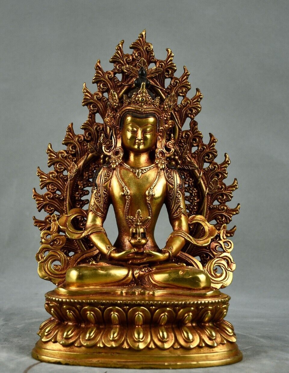 10" Antique Tibetan Buddhism Temple Bronze Gilt Amitabha Longevity Buddha Statue