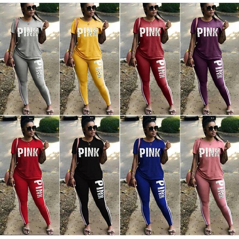 Pink Letter Print 2 Piece Activewear Outfits Jogging Women Fashion Plus Size New