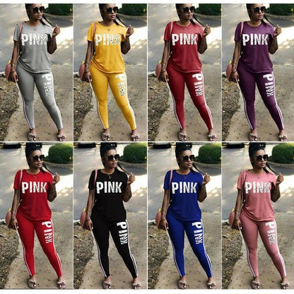 Pink Letter Print 2 Piece Activewear Outfits Jogging Women Fashion Plus Size New