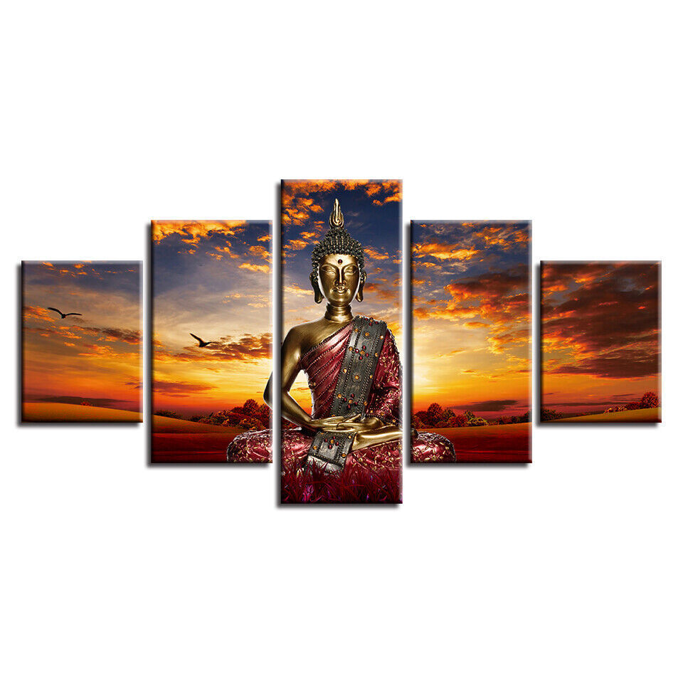 Sunset Buddha Meditation Statue Buddhism Canvas Print Painting Wall Art Decor 5P