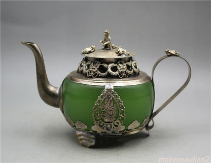 China Old Tibetan Silver Inlay Jade Hand Carved Dragon Teapots Collection