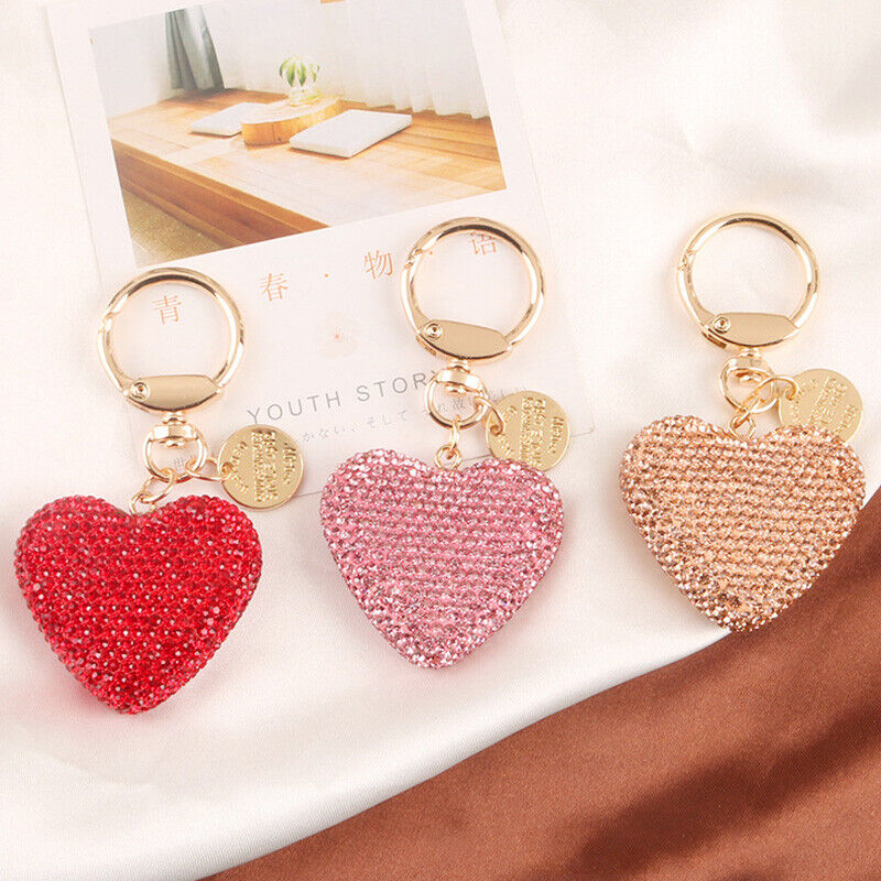 Full Rhinestone Heart Peach Heart Car Keychain Women Handbag Pendant Keyring *US