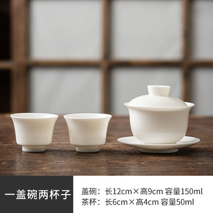 White Porcelain San Cai Gai Bowl Ceramics Dehua White Porcelain Kung Fu Tea Set