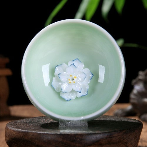 55ml Chinese Porcelain Tea Cup Ceramic Cup Lotus Carved Longquan Celadon Teacups