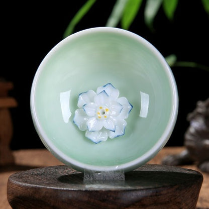 55ml Chinese Porcelain Tea Cup Ceramic Cup Lotus Carved Longquan Celadon Teacups