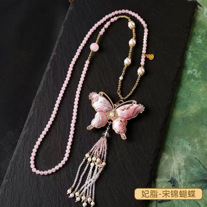 Brocade Butterfly Necklace Chinese Style Cheongsam Hanfu Pearl Chain Pendant