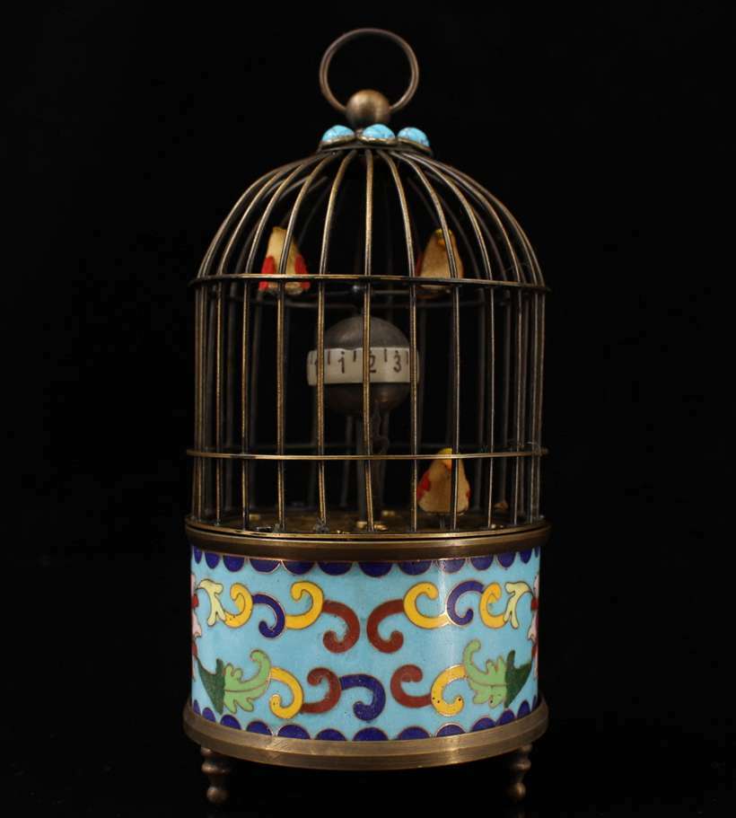 Old antique Cloisonne Enamel mosaic gem handmade bird cage Mechanical watch