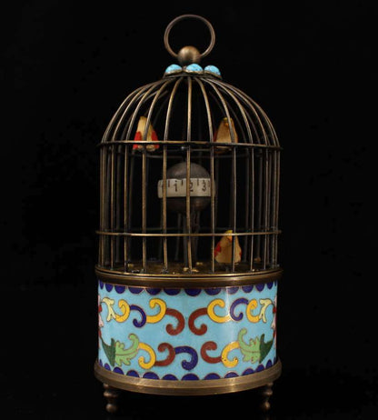 Old antique Cloisonne Enamel mosaic gem handmade bird cage Mechanical watch