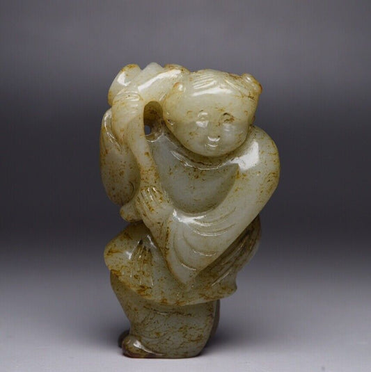 Collections Chinese Hetian Jade Hand Carving Children Statue Decor Nice Figurine