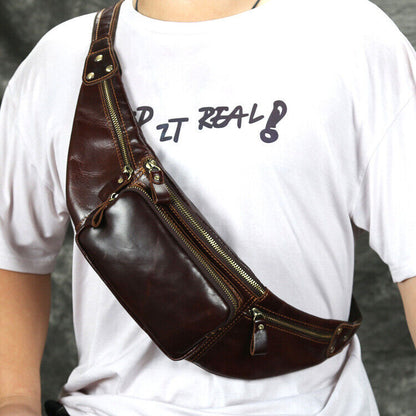 Men's Outdoor Genuine Leather Waist Fanny Pack Crossbody Bags Sling Shoulder Bag