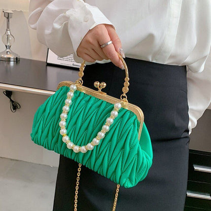 Orange Green Shoulder Bags Pearl Chain Clutch Crossbody Bags Synthetic Leather