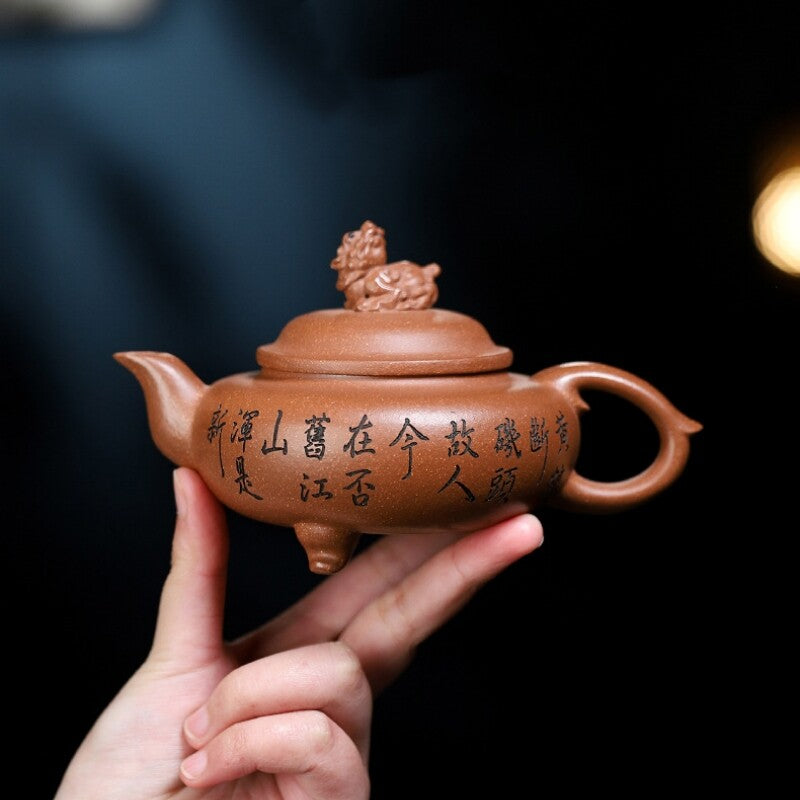 Yixing Aged Duan Clay Kylin Teapot Handcarved Auspicious Triple-foot Collectible