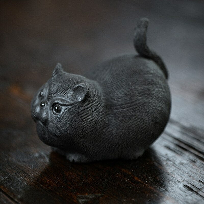 Chinese Sculpture Purple Clay Tea Pet Small Cat Statue Handmade Tea Set Decor