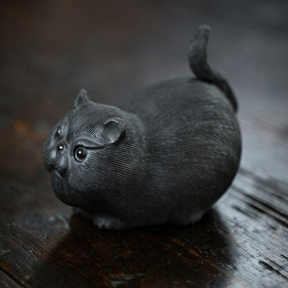 Chinese Sculpture Purple Clay Tea Pet Small Cat Statue Handmade Tea Set Decor