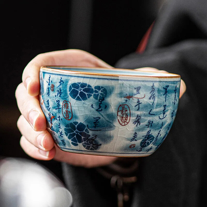 Blue White Antique Old Clay Kungfu Tea Master Cup Ceramic Fengshui Cylinder Cup