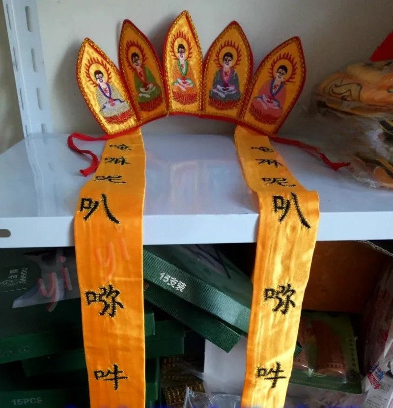 Five Buddha Crown, High-Quality Ribbon, Dharma Hat Buddha Hat, Buddhist Products