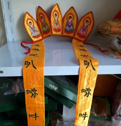 Five Buddha Crown, High-Quality Ribbon, Dharma Hat Buddha Hat, Buddhist Products