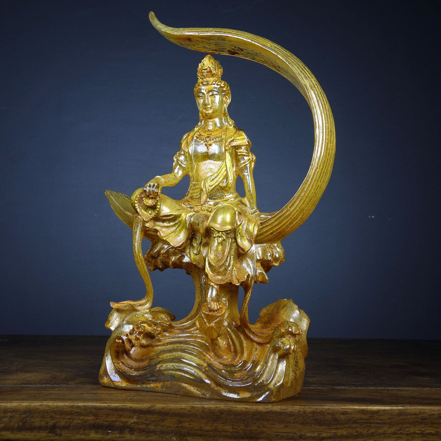 Chinese old Colored glaze（Liuli）gilt painted Yellow water moon Guanyin statue