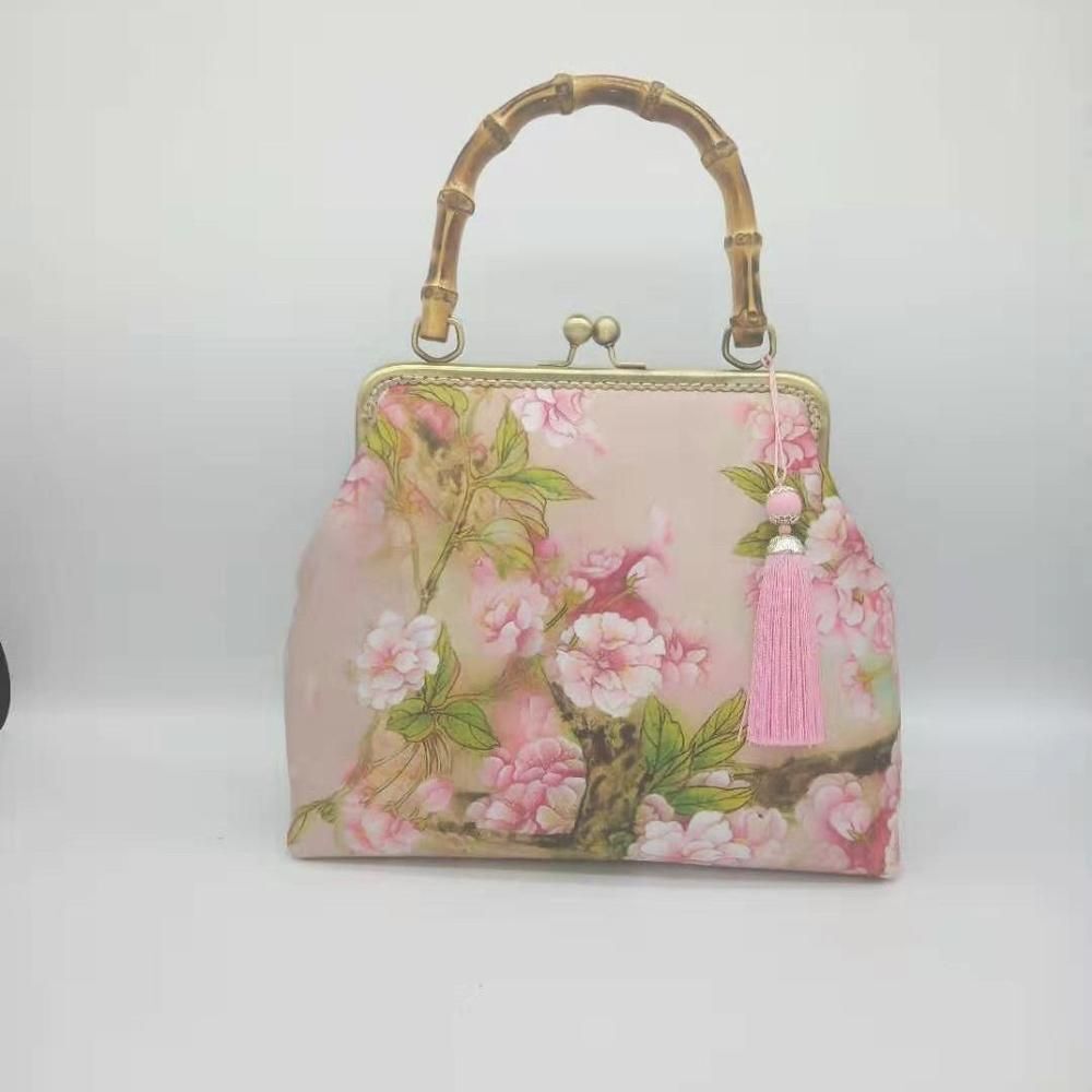 Lock Shell Bags Wood Vintage Flowers Chain Shoulder Crossbody Bag Tote Handbag