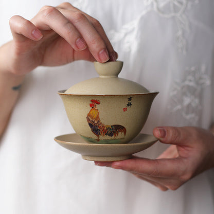 Vintage Rooster Gaiwan Tea Maker Stoneware Bowl Ceramic Tea Bowl Kung Fu Tea Set