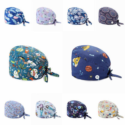Unisex Surgical Scrub Cap Doctor Nurse Cotton Cartoon Adjustable Hats Buttons