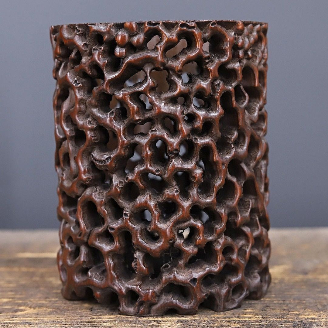 Vintage Hand-Carved Bamboo Openwork Brush Pot, 12x16cm