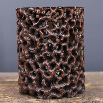 Vintage Hand-Carved Bamboo Openwork Brush Pot, 12x16cm